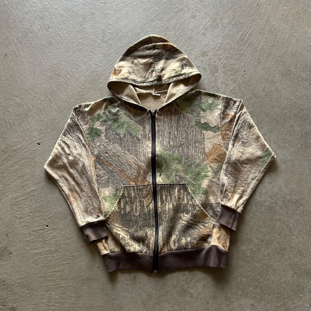 Vintage 80s Ranger Camo Real Tree Sweatshirt Size Small Brown Full Zip Hoodie
